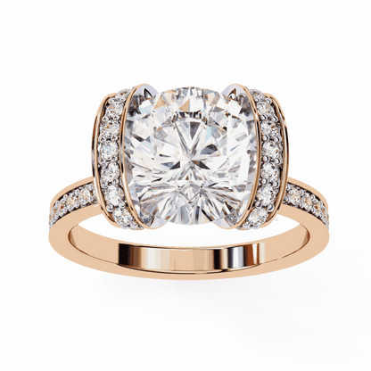 Cushion Cut Lab Grown Diamond Cathedral Engagement Ring with Pave Flanking Bars