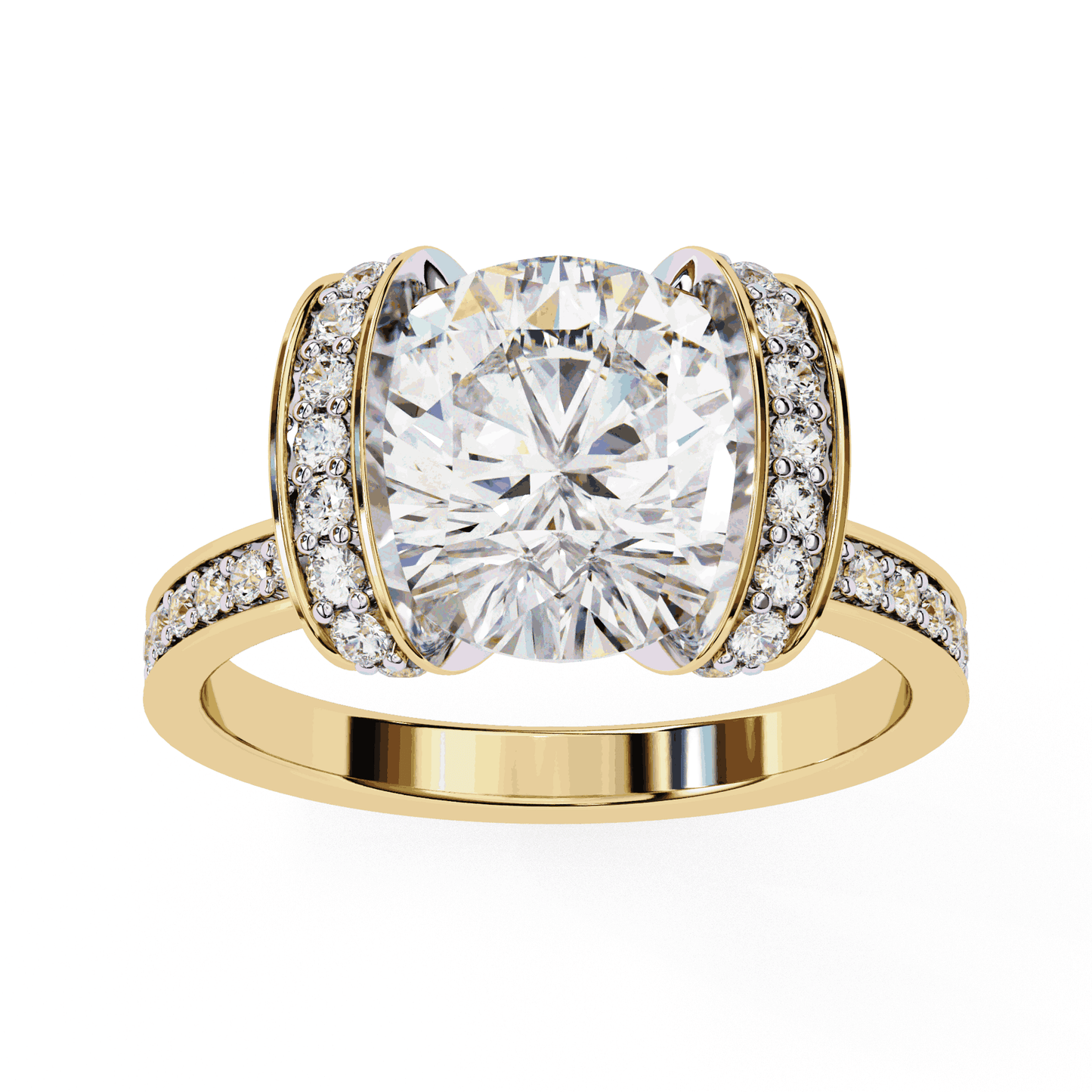 Cushion Cut Lab Grown Diamond Cathedral Engagement Ring with Pave Flanking Bars
