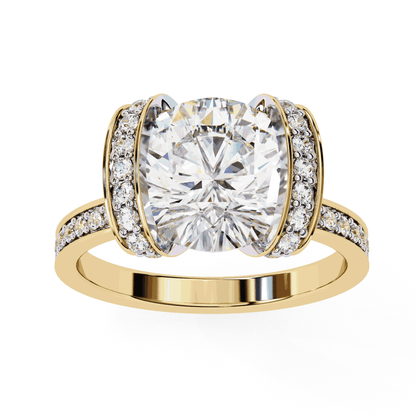 Cushion Cut Lab Grown Diamond Cathedral Engagement Ring with Pave Flanking Bars
