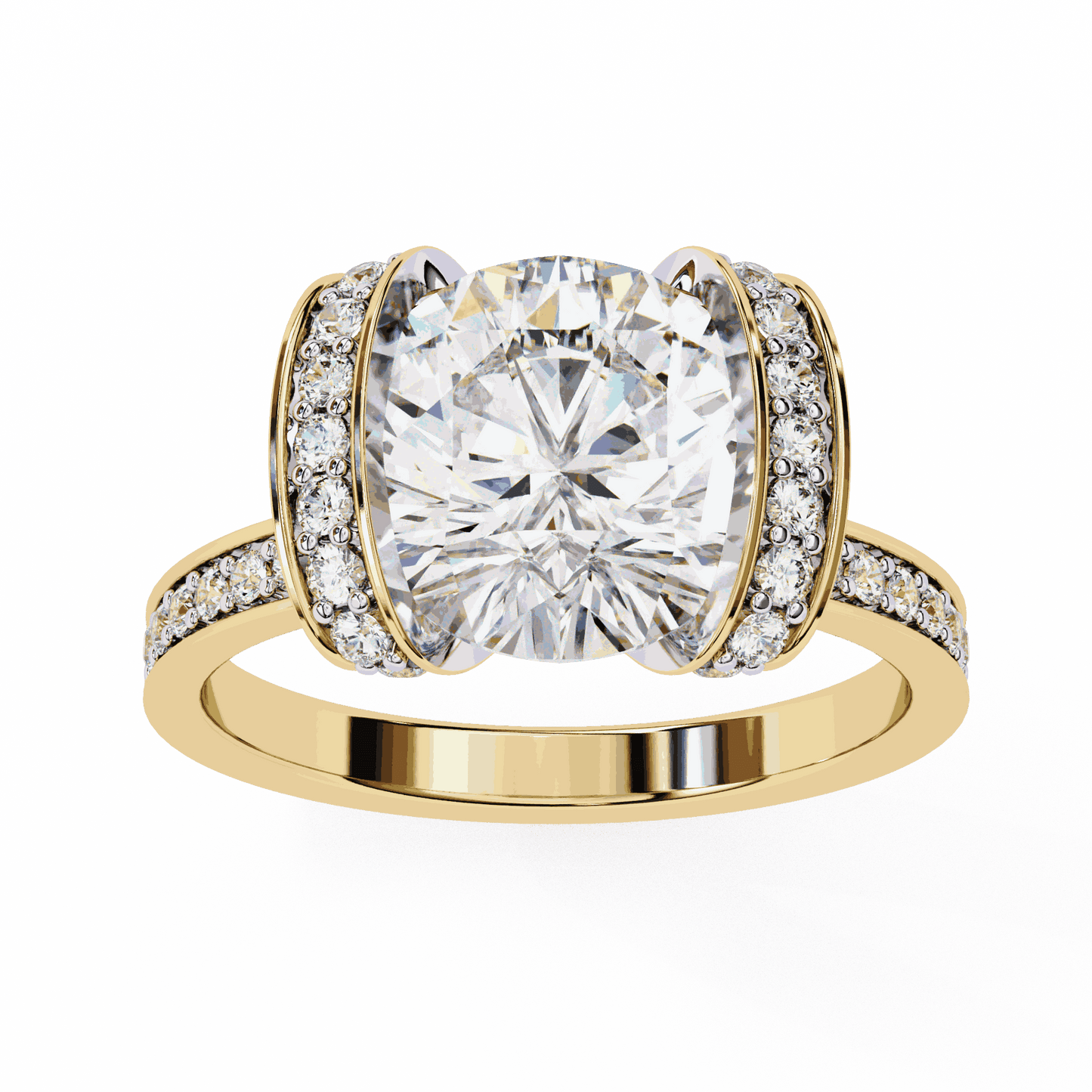 Cushion Cut Lab Grown Diamond Cathedral Engagement Ring with Pave Flanking Bars