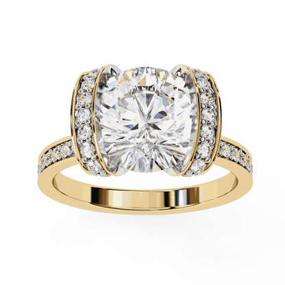 Cushion Cut Lab Grown Diamond Cathedral Engagement Ring with Pave Flanking Bars