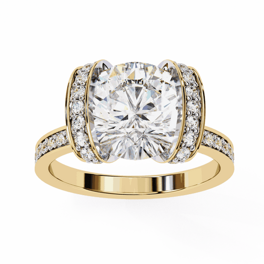 Cushion Cut Lab Grown Diamond Cathedral Engagement Ring with Pave Flanking Bars