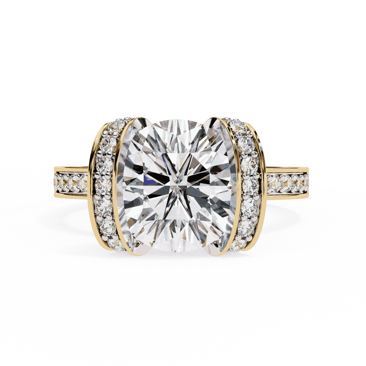 Cushion Cut Lab Grown Diamond Cathedral Engagement Ring with Pave Flanking Bars