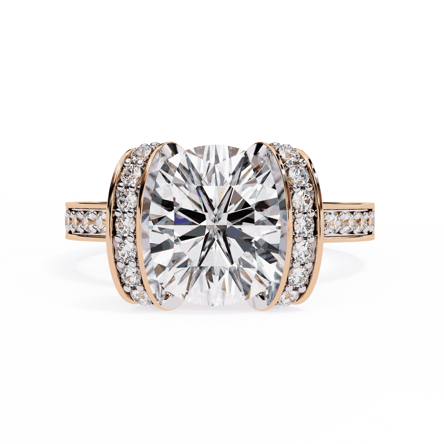 Cushion Cut Lab Grown Diamond Cathedral Engagement Ring with Pave Flanking Bars