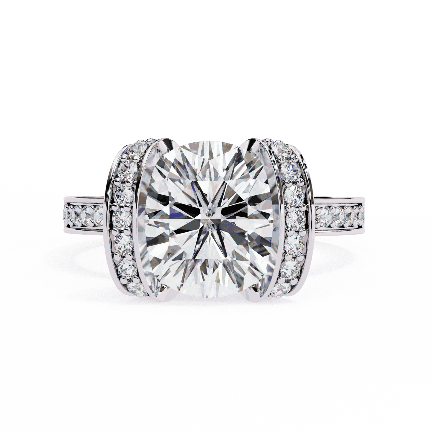 Cushion Cut Lab Grown Diamond Cathedral Engagement Ring with Pave Flanking Bars