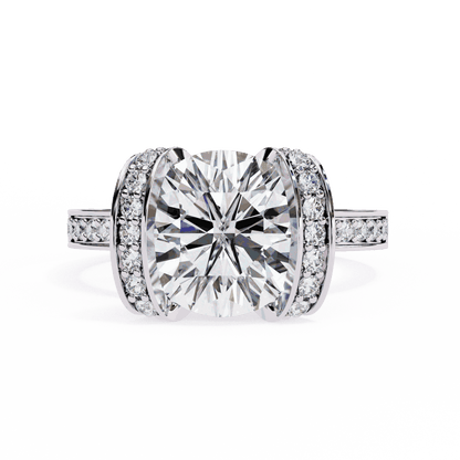 Cushion Cut Lab Grown Diamond Cathedral Engagement Ring with Pave Flanking Bars