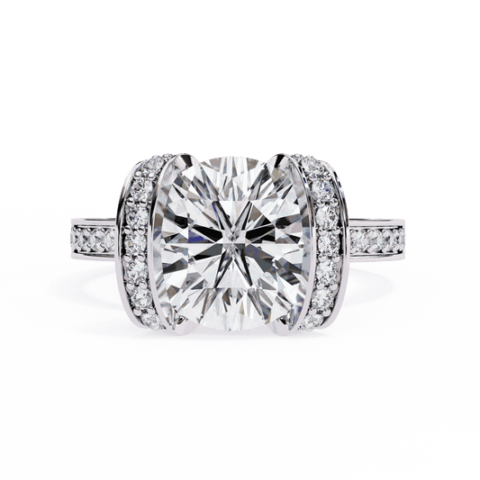 Cushion Cut Lab Grown Diamond Cathedral Engagement Ring with Pave Flanking Bars
