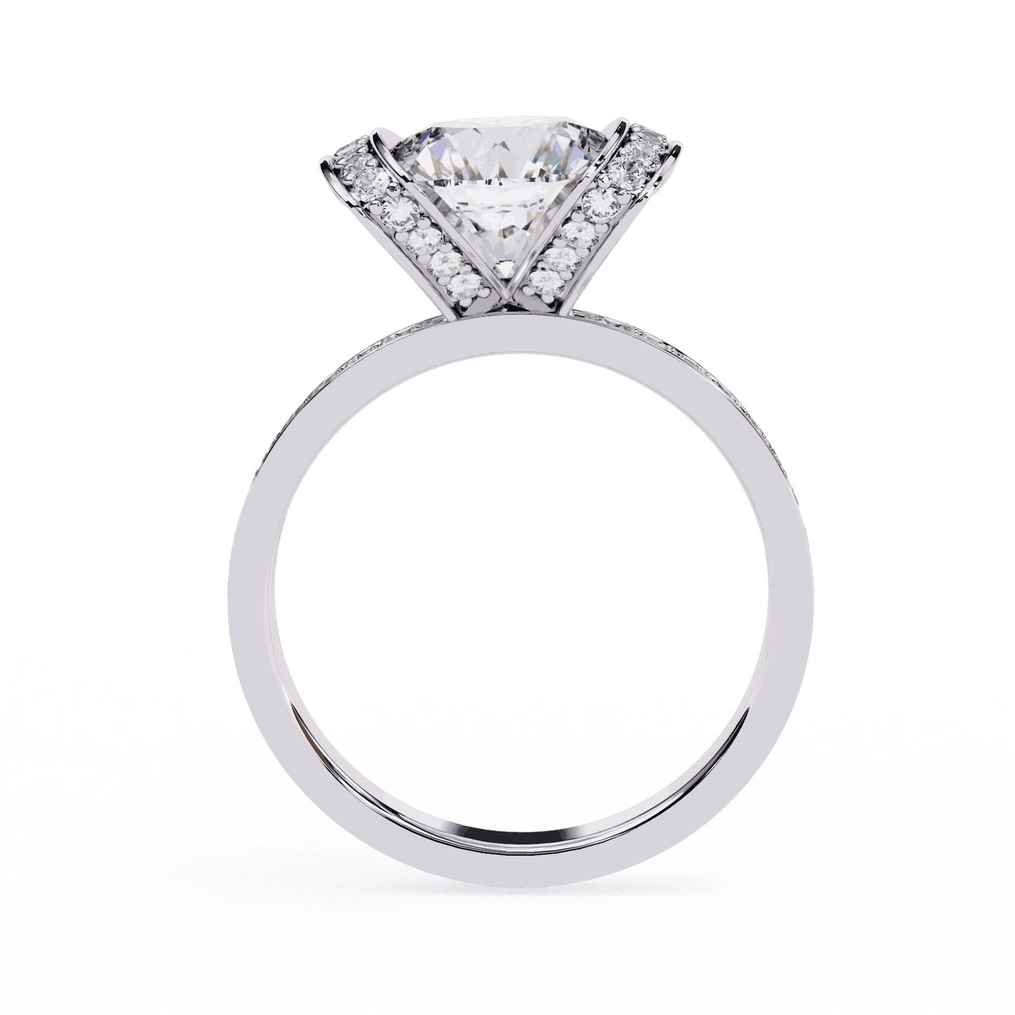 Cushion Cut Lab Grown Diamond Cathedral Engagement Ring with Pave Flanking Bars