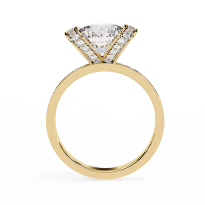 Cushion Cut Lab Grown Diamond Cathedral Engagement Ring with Pave Flanking Bars