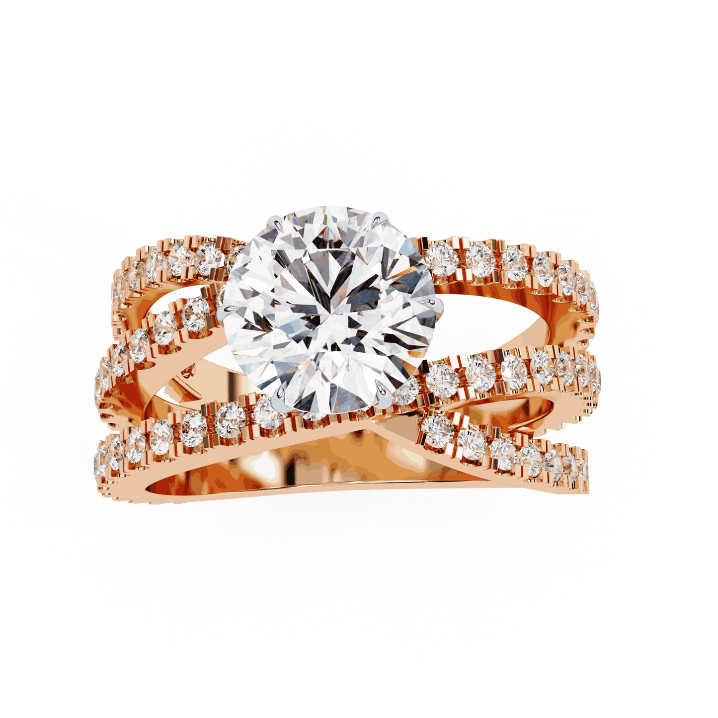 Round Cut Lab Grown Diamond Pave Engagement Ring with Crisscross Multi-Row Shank