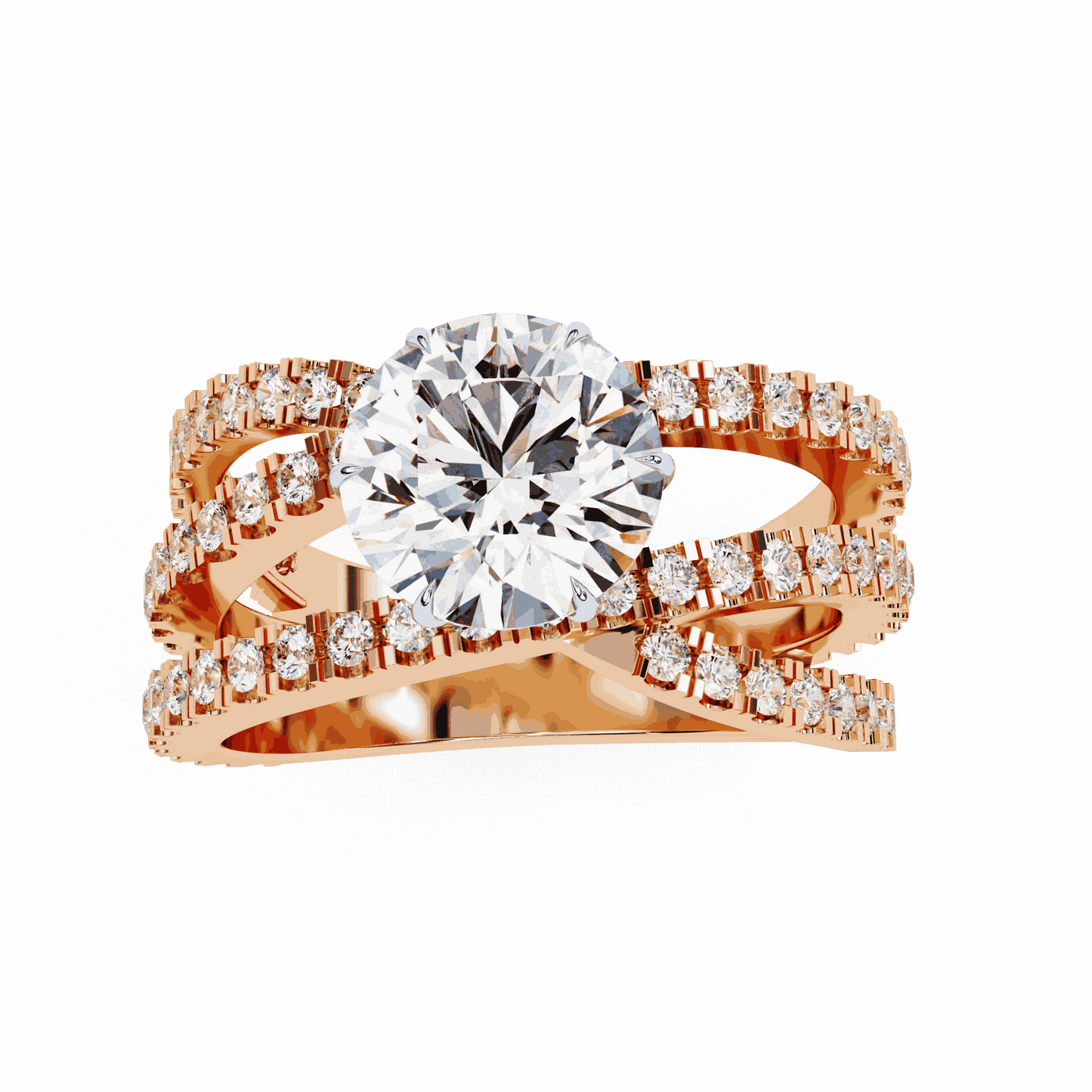 Round Cut Lab Grown Diamond Pave Engagement Ring with Crisscross Multi-Row Shank