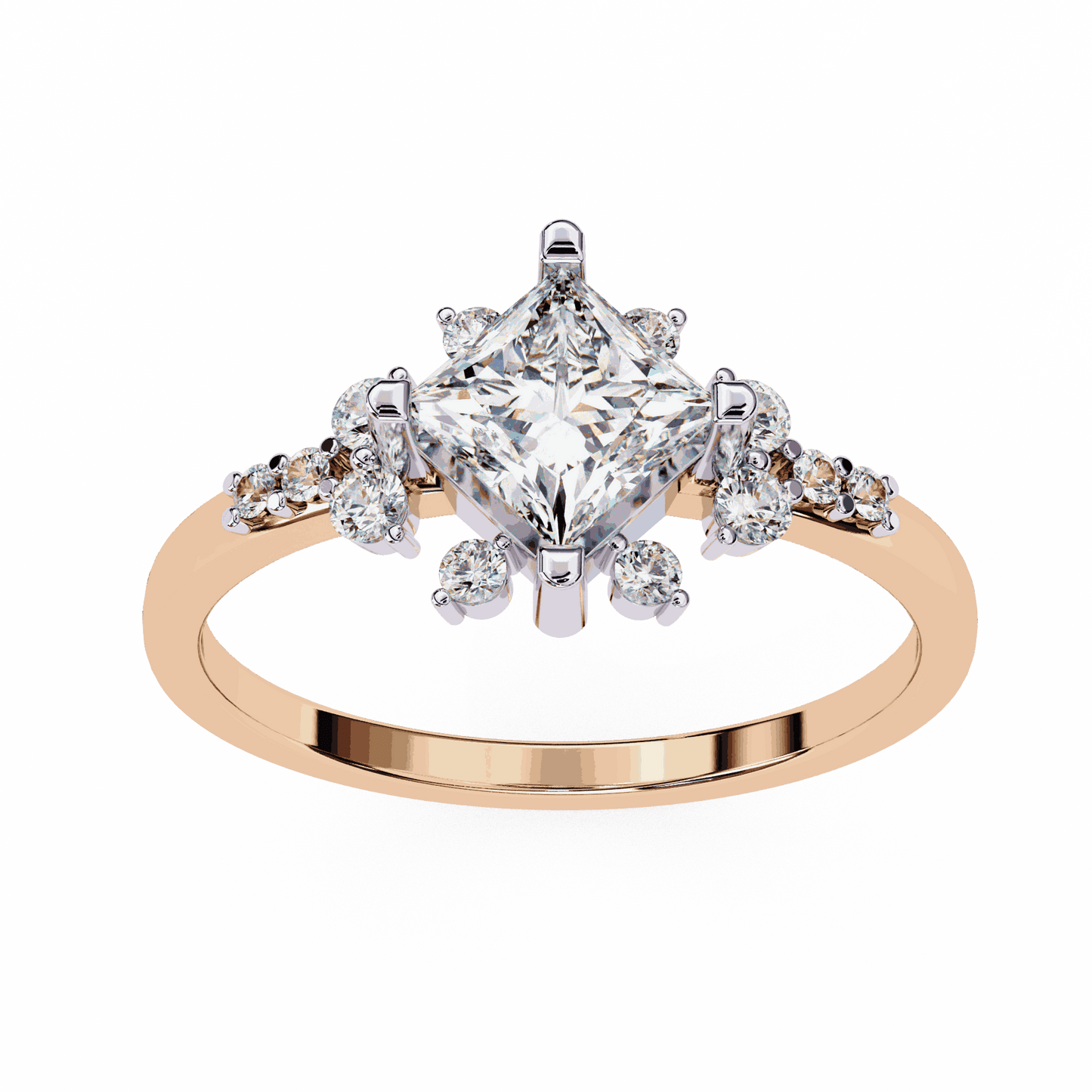 Princess Cut Lab Grown Diamond Vintage Engagement Ring with Kite-Set Starburst Clusters