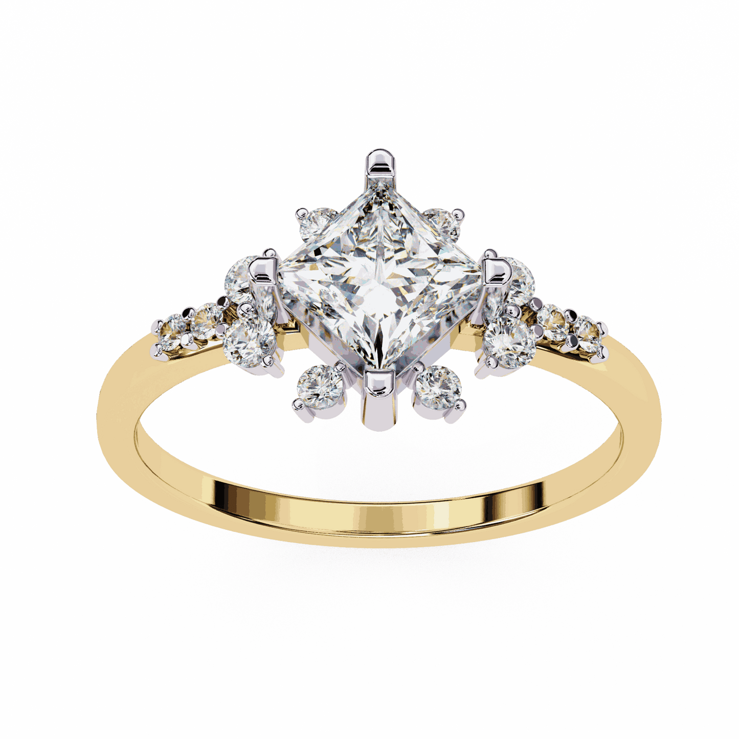 Princess Cut Lab Grown Diamond Vintage Engagement Ring with Kite-Set Starburst Clusters