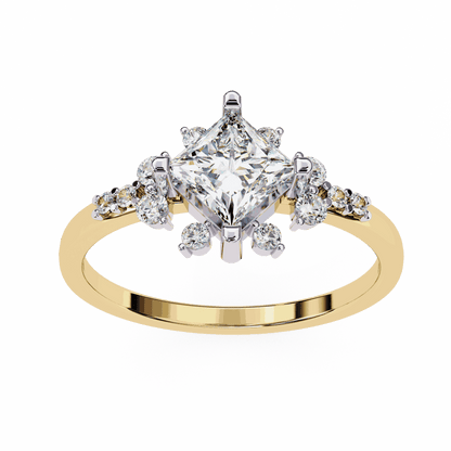 Princess Cut Lab Grown Diamond Vintage Engagement Ring with Kite-Set Starburst Clusters
