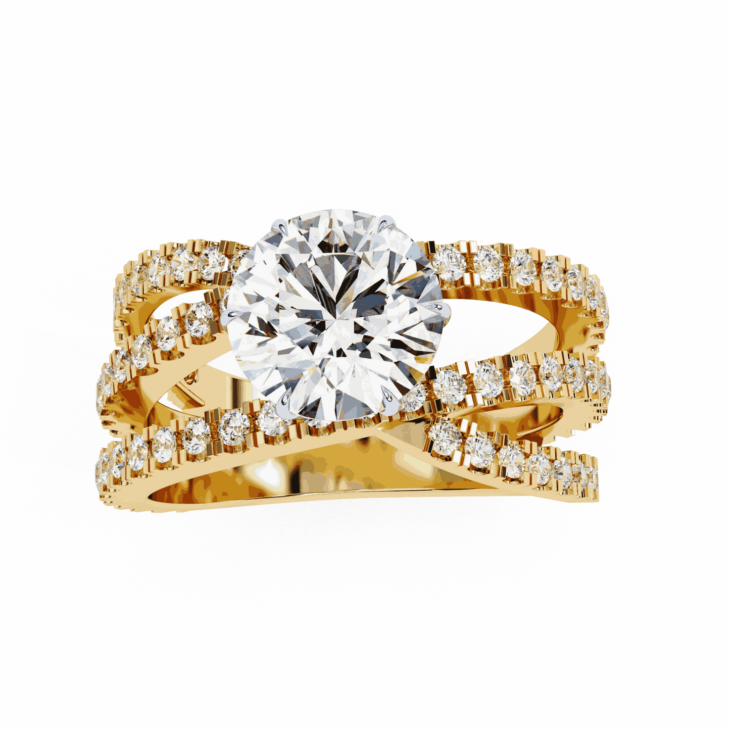 Round Cut Lab Grown Diamond Pave Engagement Ring with Crisscross Multi-Row Shank