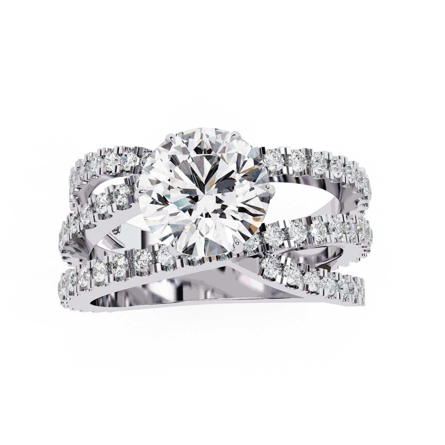 Round Cut Lab Grown Diamond Pave Engagement Ring with Crisscross Multi-Row Shank