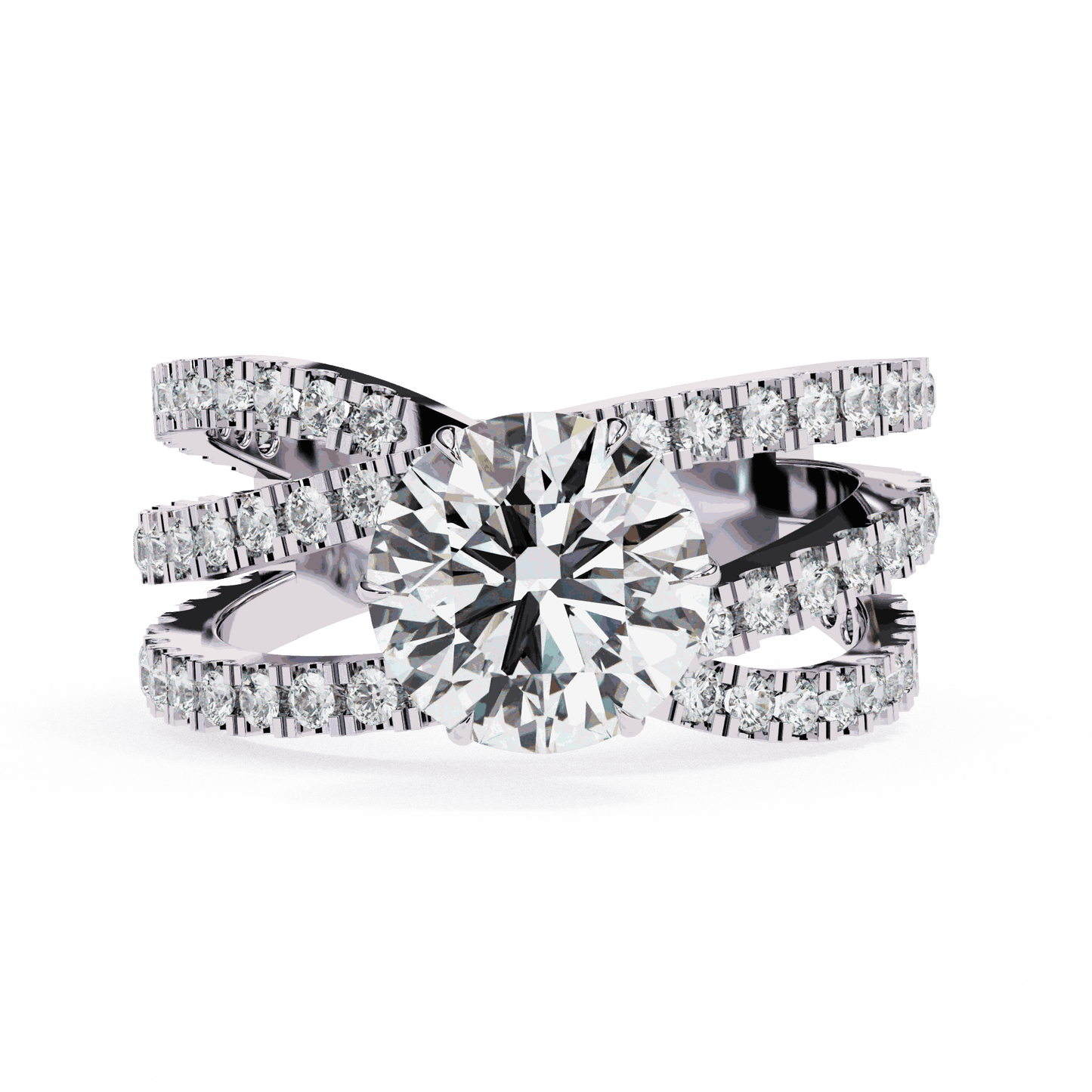 Round Cut Lab Grown Diamond Pave Engagement Ring with Crisscross Multi-Row Shank