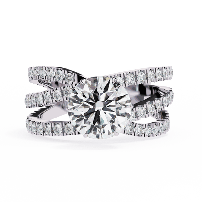 Round Cut Lab Grown Diamond Pave Engagement Ring with Crisscross Multi-Row Shank