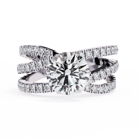 Round Cut Lab Grown Diamond Pave Engagement Ring with Crisscross Multi-Row Shank