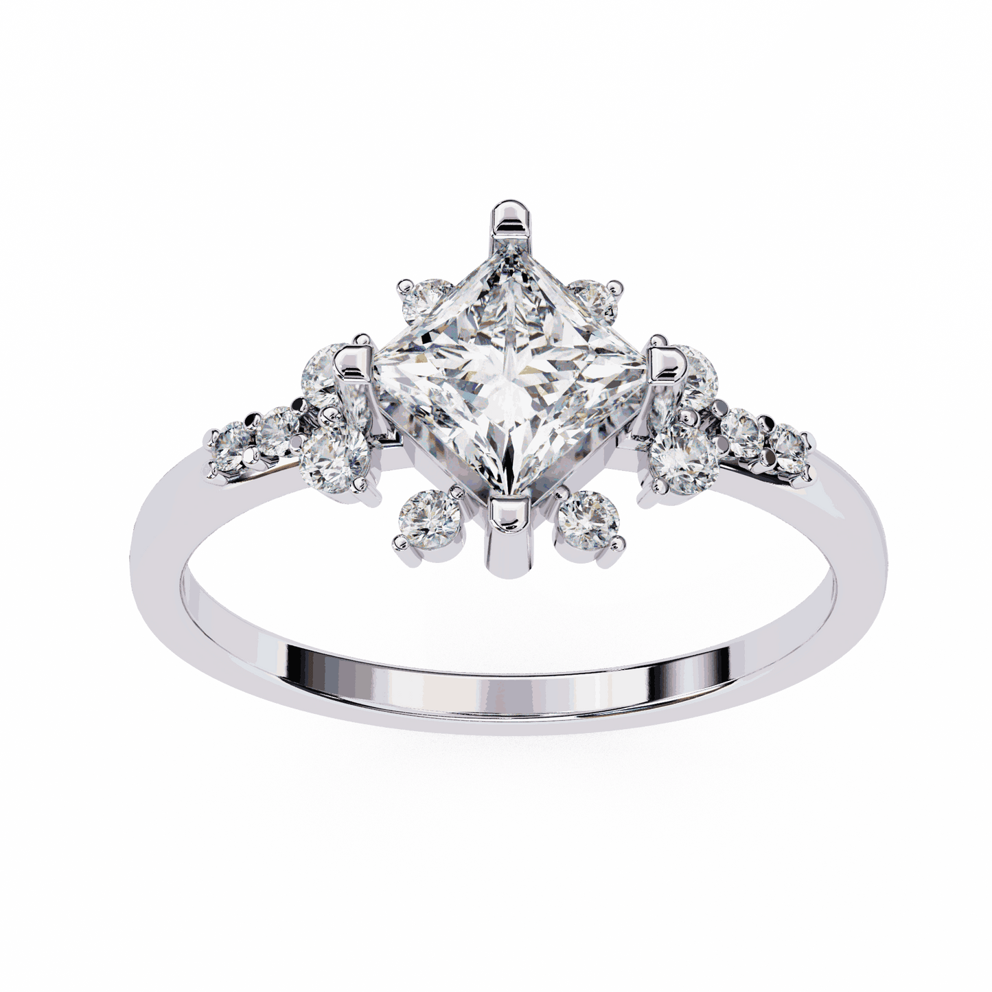 Princess Cut Lab Grown Diamond Vintage Engagement Ring with Kite-Set Starburst Clusters
