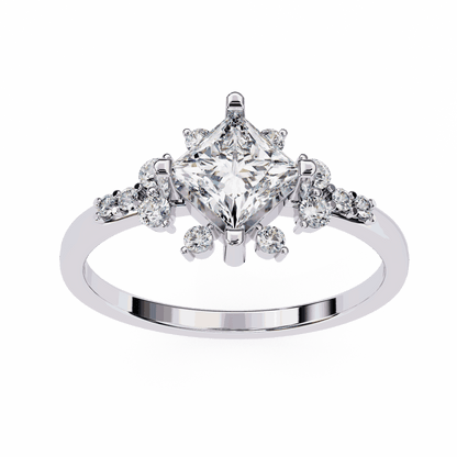 Princess Cut Lab Grown Diamond Vintage Engagement Ring with Kite-Set Starburst Clusters