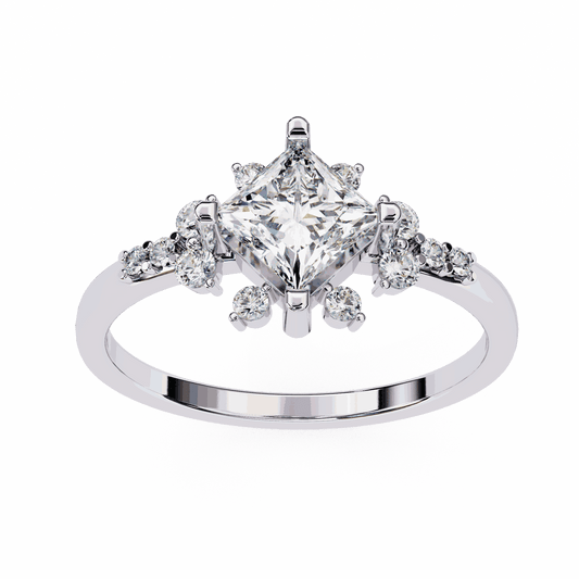 Princess Cut Lab Grown Diamond Vintage Engagement Ring with Kite-Set Starburst Clusters