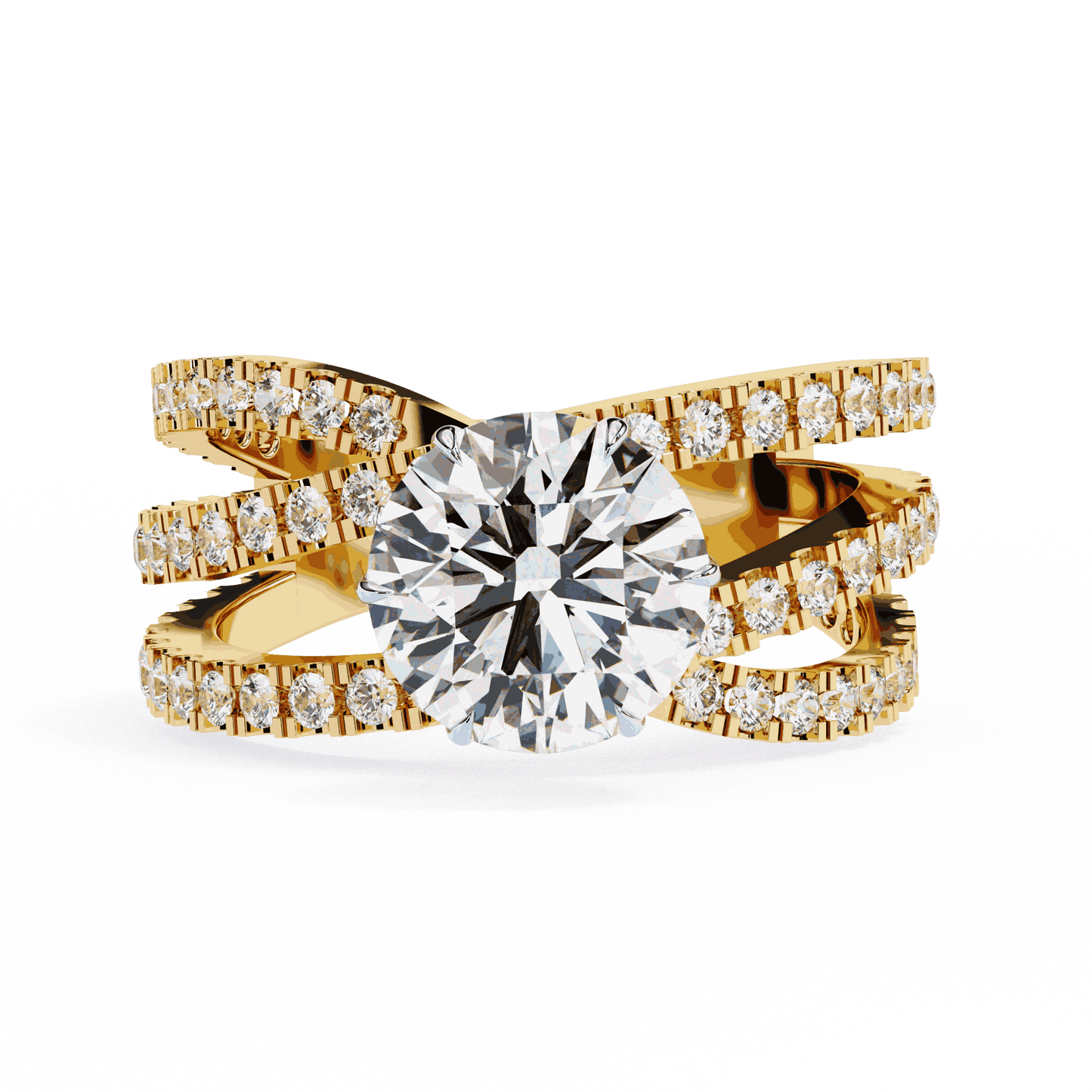 Round Cut Lab Grown Diamond Pave Engagement Ring with Crisscross Multi-Row Shank
