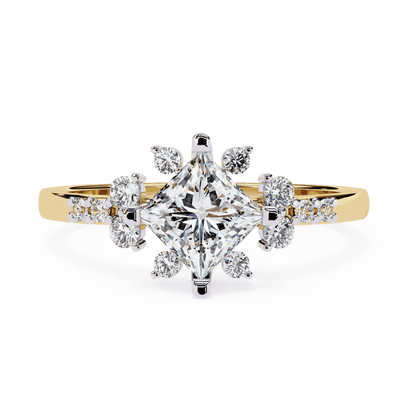 Princess Cut Lab Grown Diamond Vintage Engagement Ring with Kite-Set Starburst Clusters