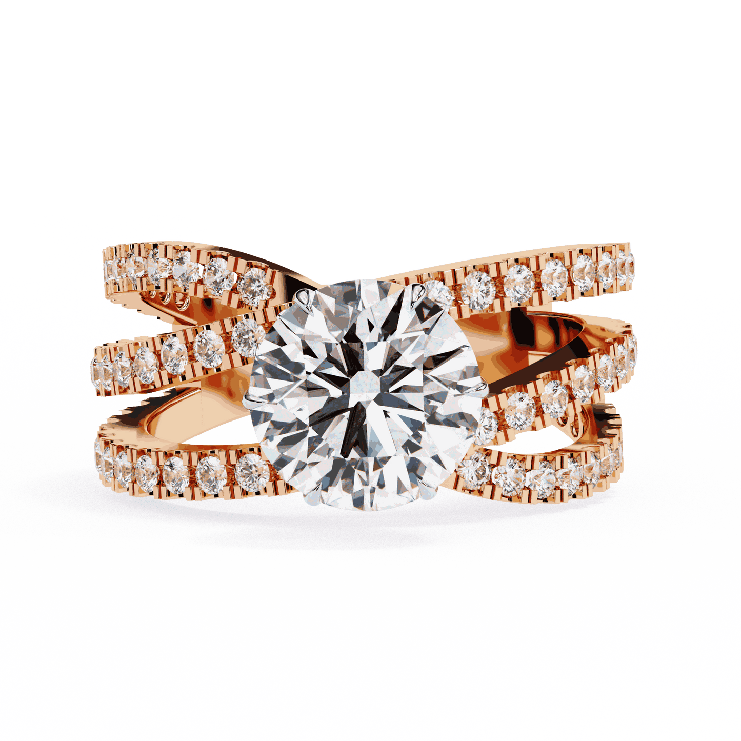 Round Cut Lab Grown Diamond Pave Engagement Ring with Crisscross Multi-Row Shank