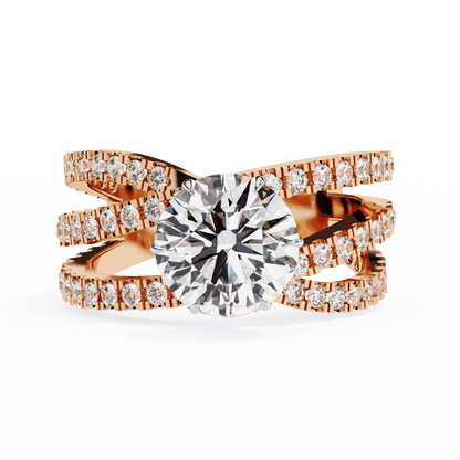 Round Cut Lab Grown Diamond Pave Engagement Ring with Crisscross Multi-Row Shank
