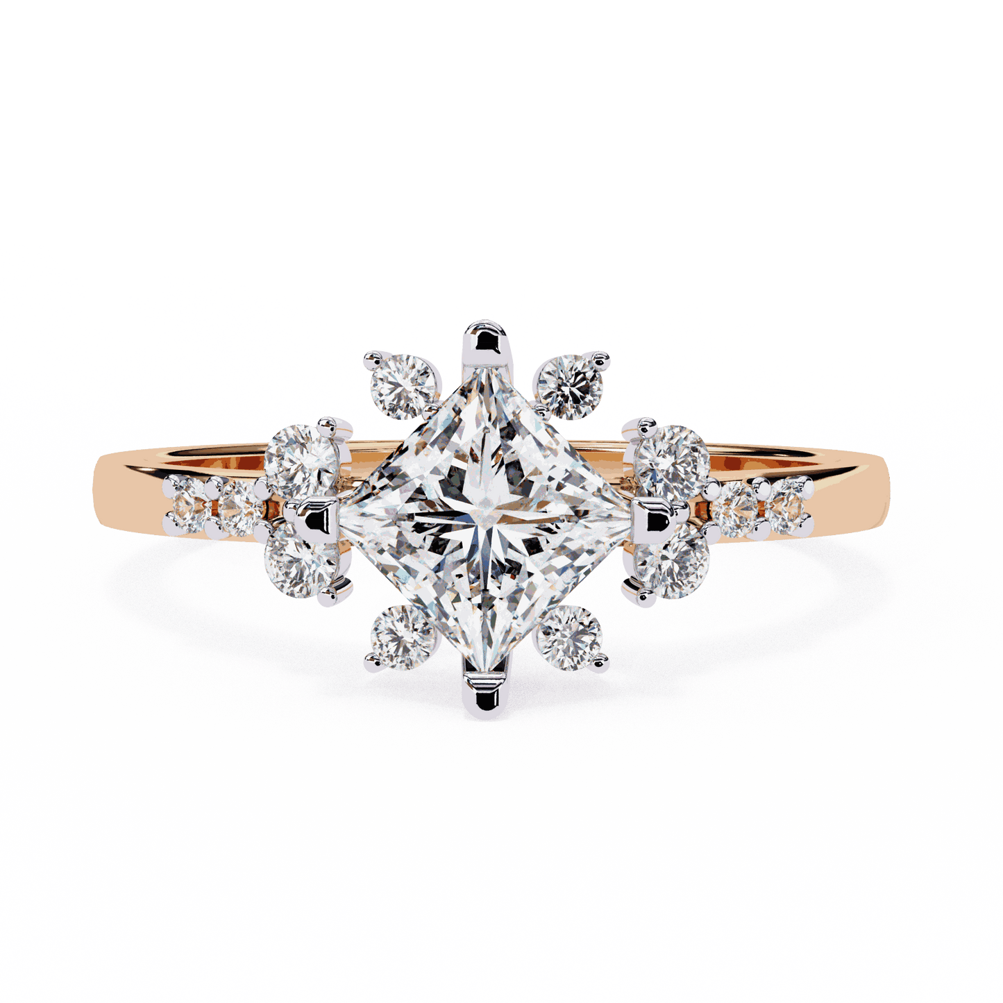 Princess Cut Lab Grown Diamond Vintage Engagement Ring with Kite-Set Starburst Clusters