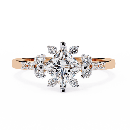 Princess Cut Lab Grown Diamond Vintage Engagement Ring with Kite-Set Starburst Clusters
