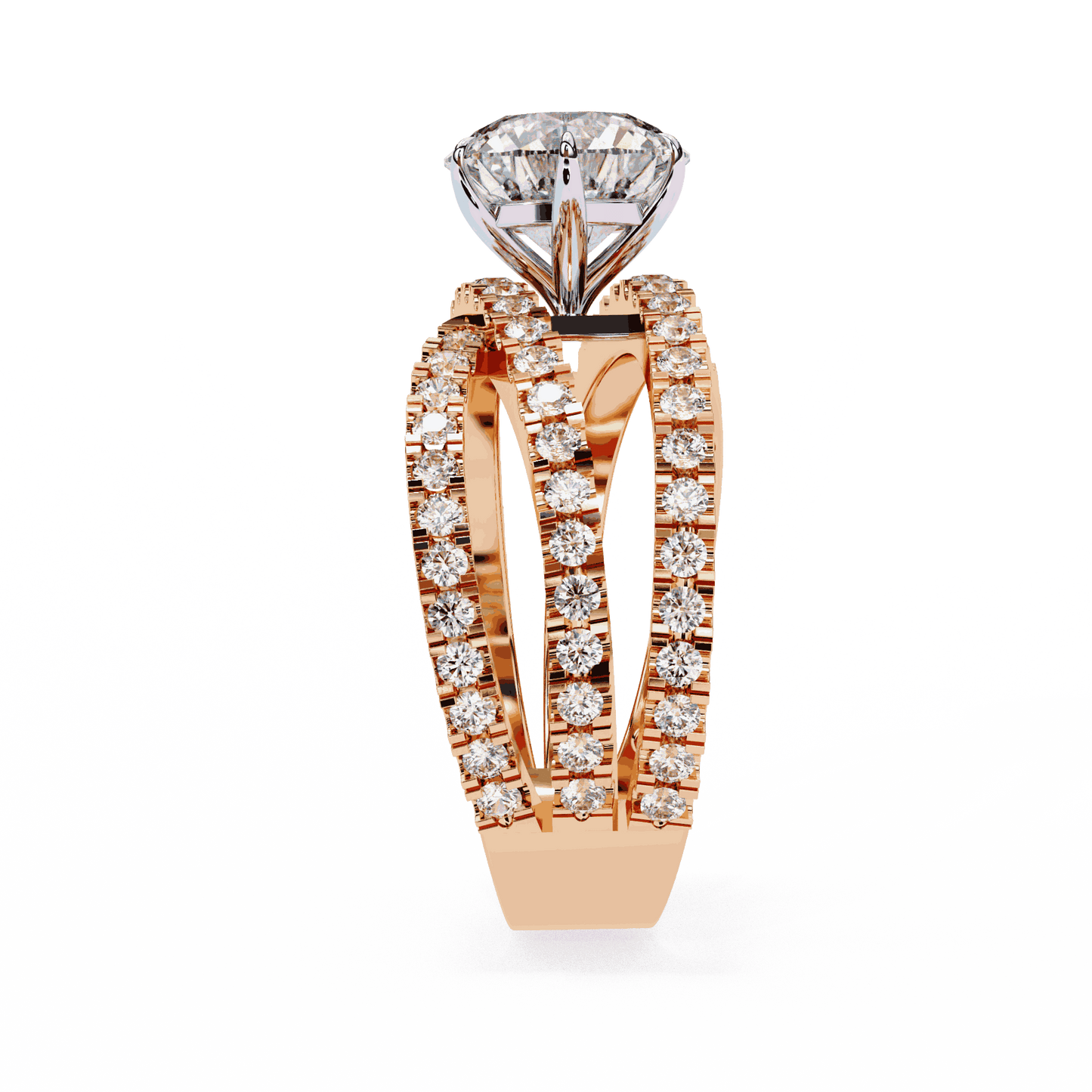 Round Cut Lab Grown Diamond Pave Engagement Ring with Crisscross Multi-Row Shank