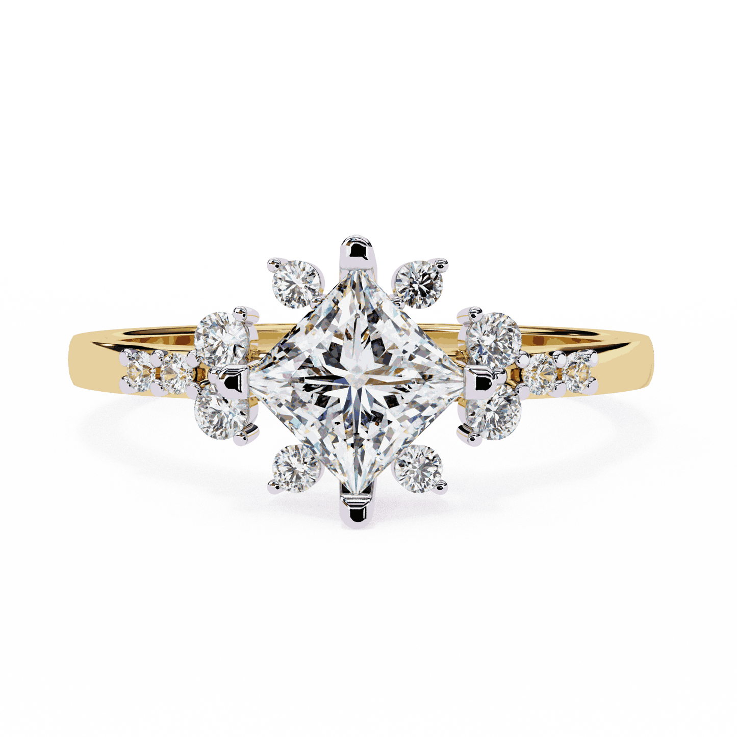 Princess Cut Lab Grown Diamond Vintage Engagement Ring with Kite-Set Starburst Clusters