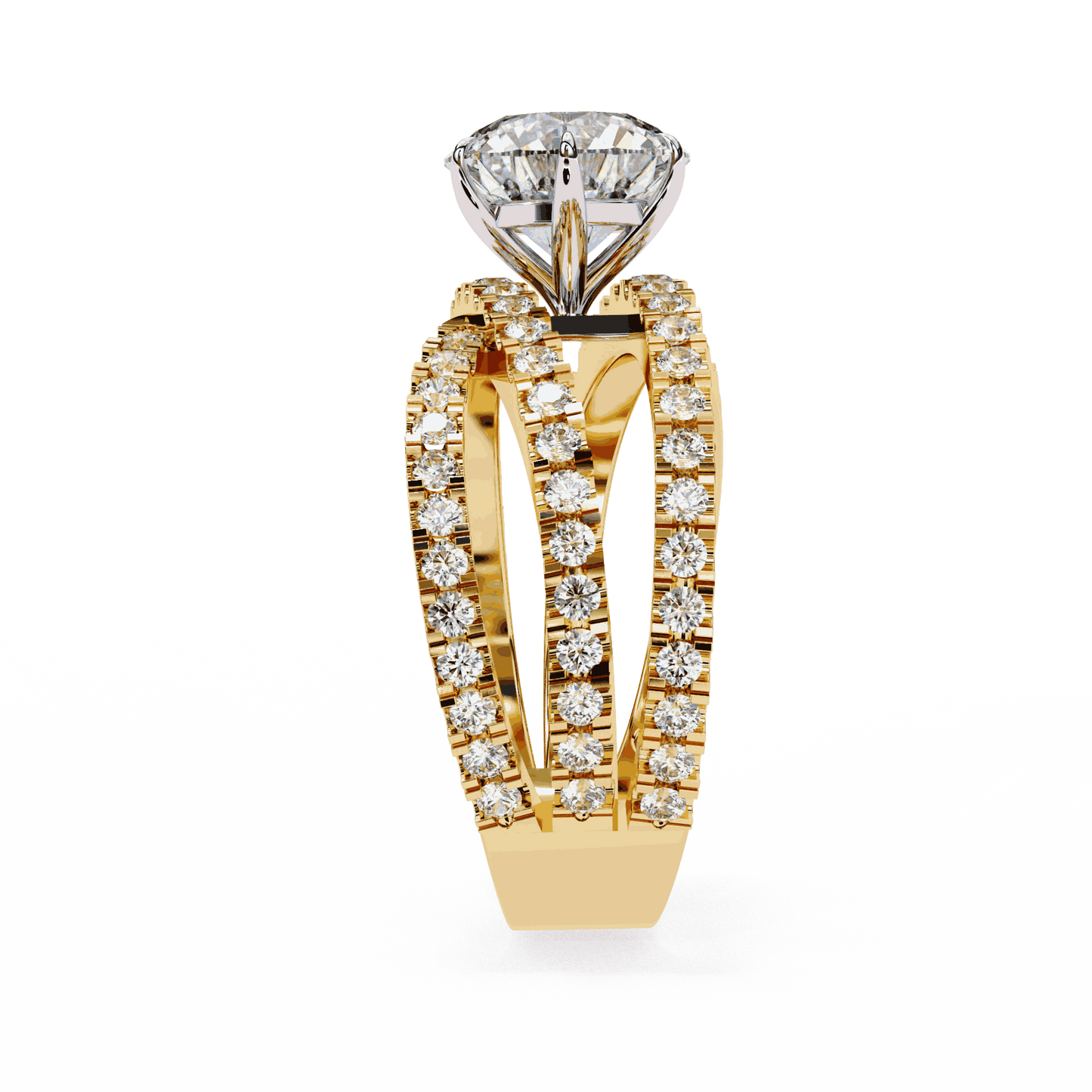 Round Cut Lab Grown Diamond Pave Engagement Ring with Crisscross Multi-Row Shank