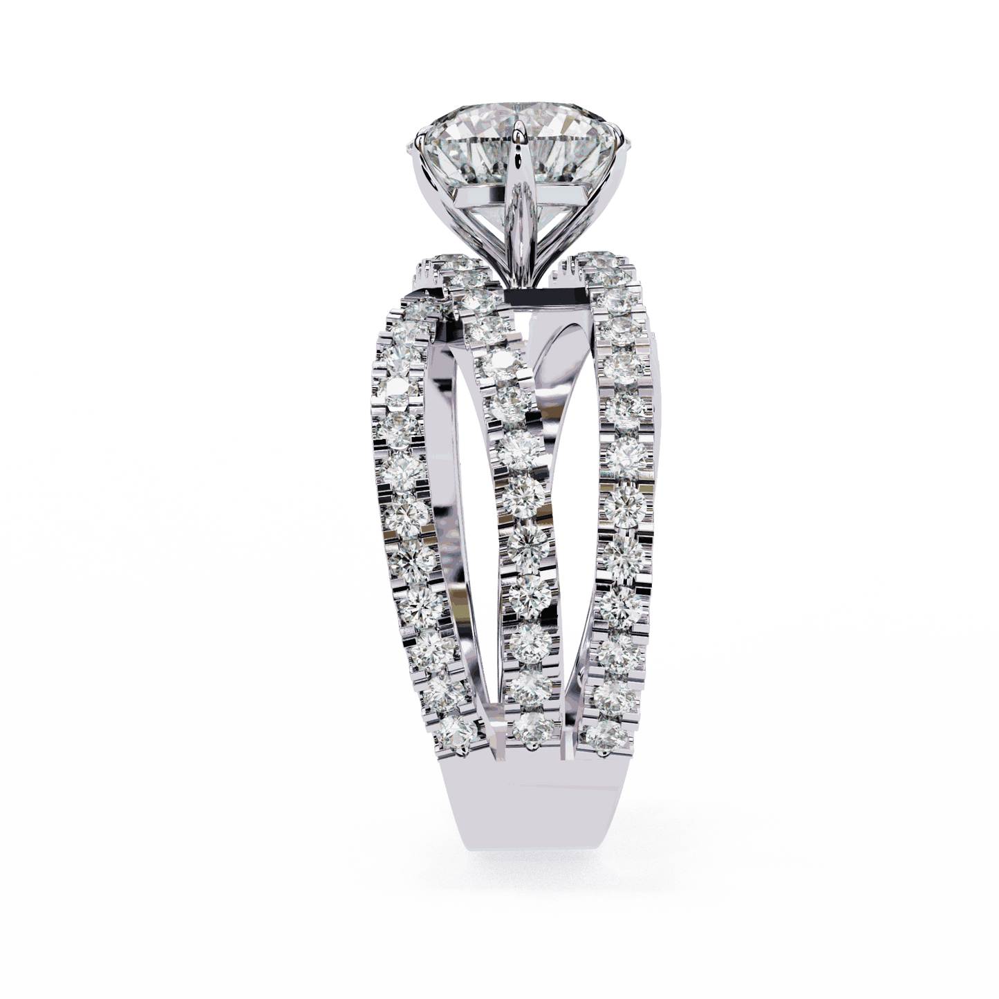Round Cut Lab Grown Diamond Pave Engagement Ring with Crisscross Multi-Row Shank
