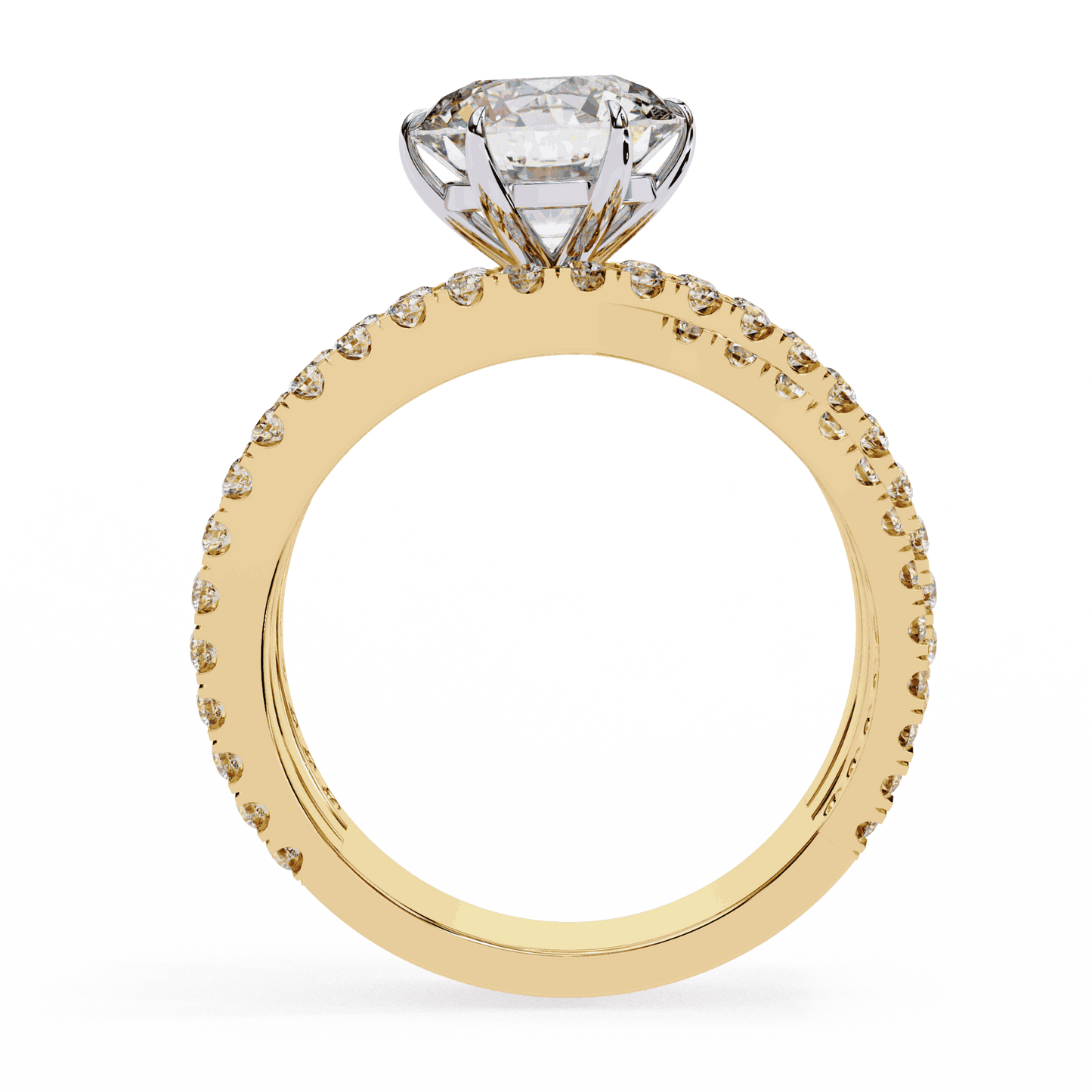 Round Cut Lab Grown Diamond Pave Engagement Ring with Crisscross Multi-Row Shank