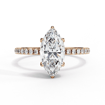 Marquise Cut Lab Grown Diamond Pave Engagement Ring with Hidden Halo and Knife-Edge Band