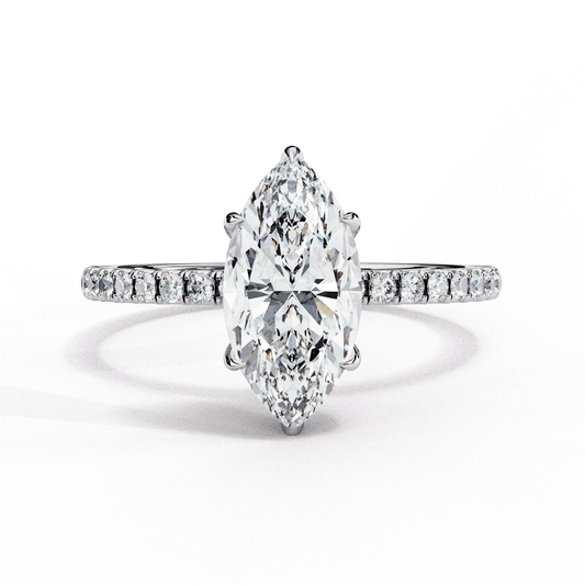 Marquise Cut Lab Grown Diamond Pave Engagement Ring with Hidden Halo and Knife-Edge Band