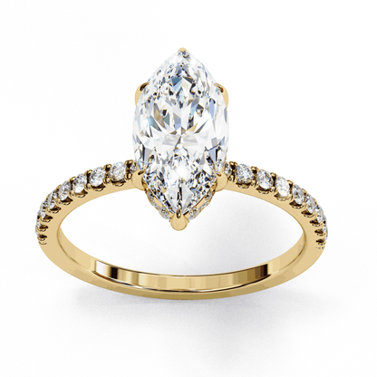 Marquise Cut Lab Grown Diamond Pave Engagement Ring with Hidden Halo and Knife-Edge Band