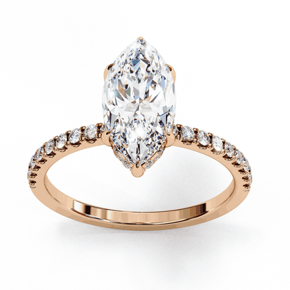 Marquise Cut Lab Grown Diamond Pave Engagement Ring with Hidden Halo and Knife-Edge Band