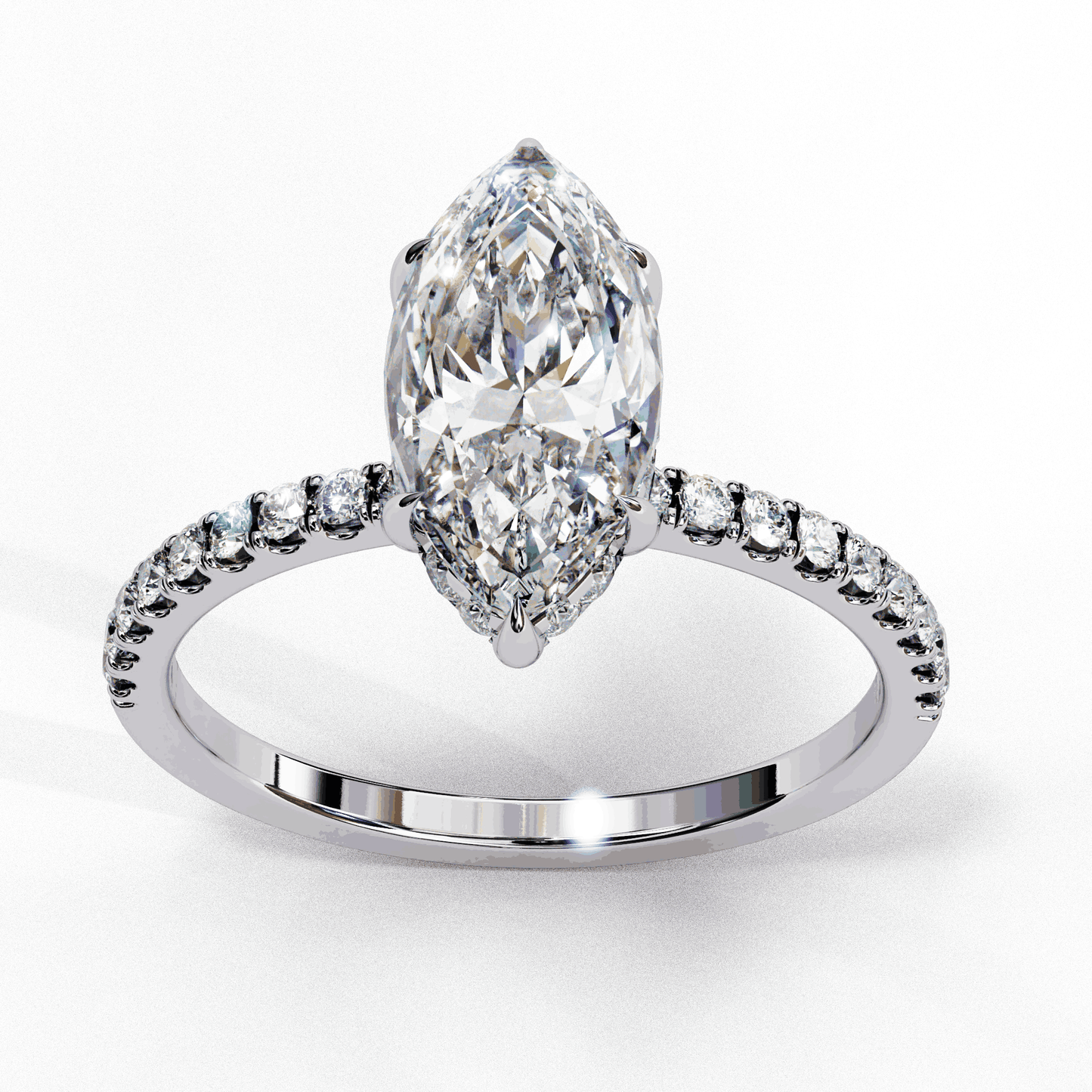 Marquise Cut Lab Grown Diamond Pave Engagement Ring with Hidden Halo and Knife-Edge Band