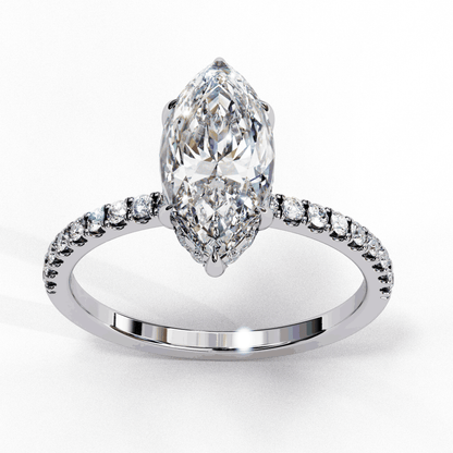 Marquise Cut Lab Grown Diamond Pave Engagement Ring with Hidden Halo and Knife-Edge Band