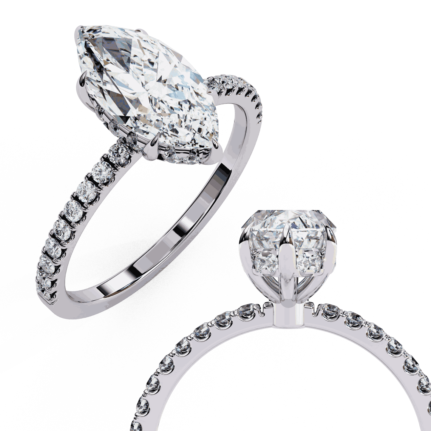 Marquise Cut Lab Grown Diamond Pave Engagement Ring with Hidden Halo and Knife-Edge Band