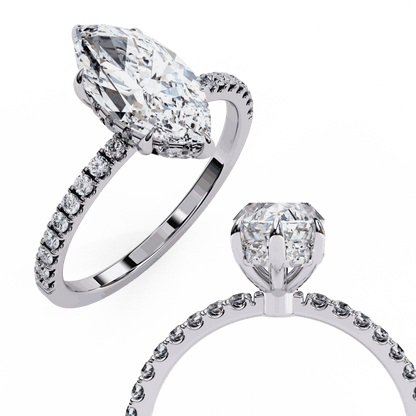 Marquise Cut Lab Grown Diamond Pave Engagement Ring with Hidden Halo and Knife-Edge Band