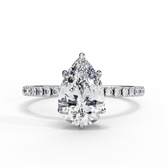 Pear Cut Lab Grown Diamond Pave Engagement Ring with Hidden Halo and Knife-Edge Band