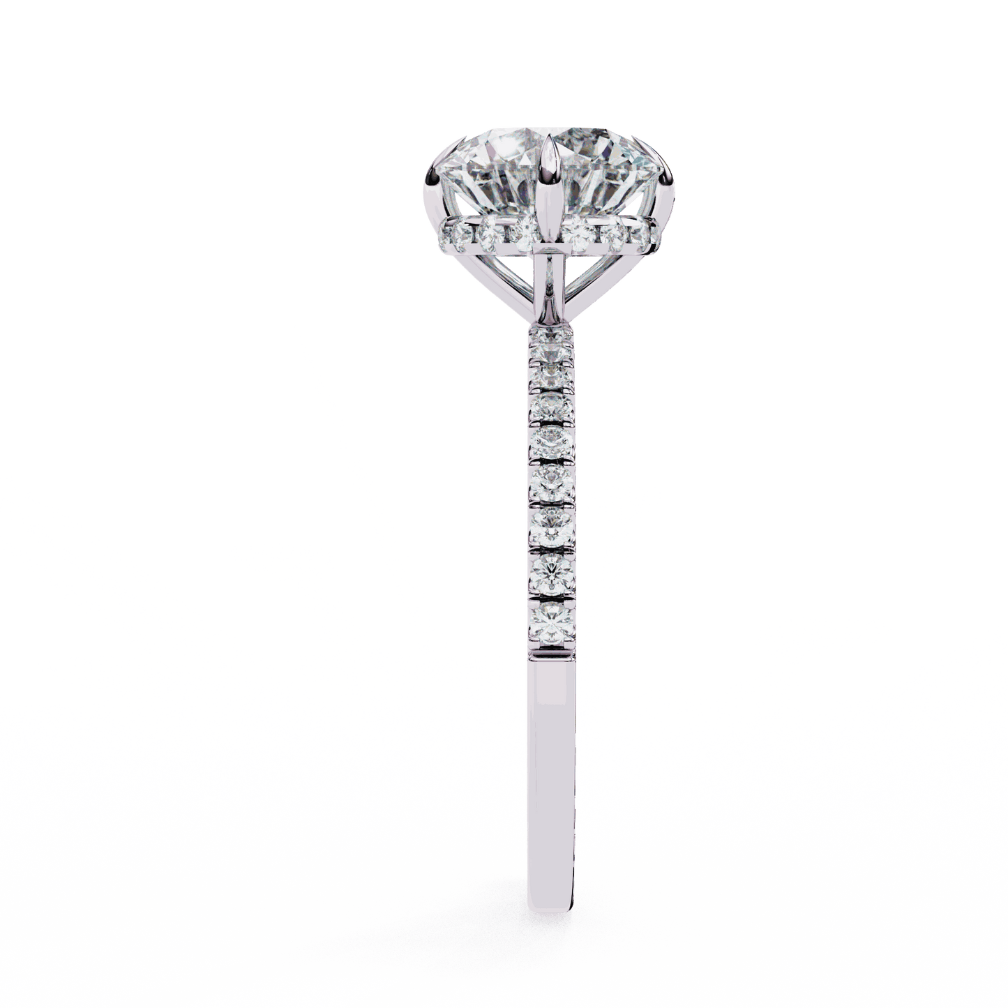 Round Cut Lab Grown Diamond Pave Engagement Ring with Hidden Halo and Claw Prong Setting