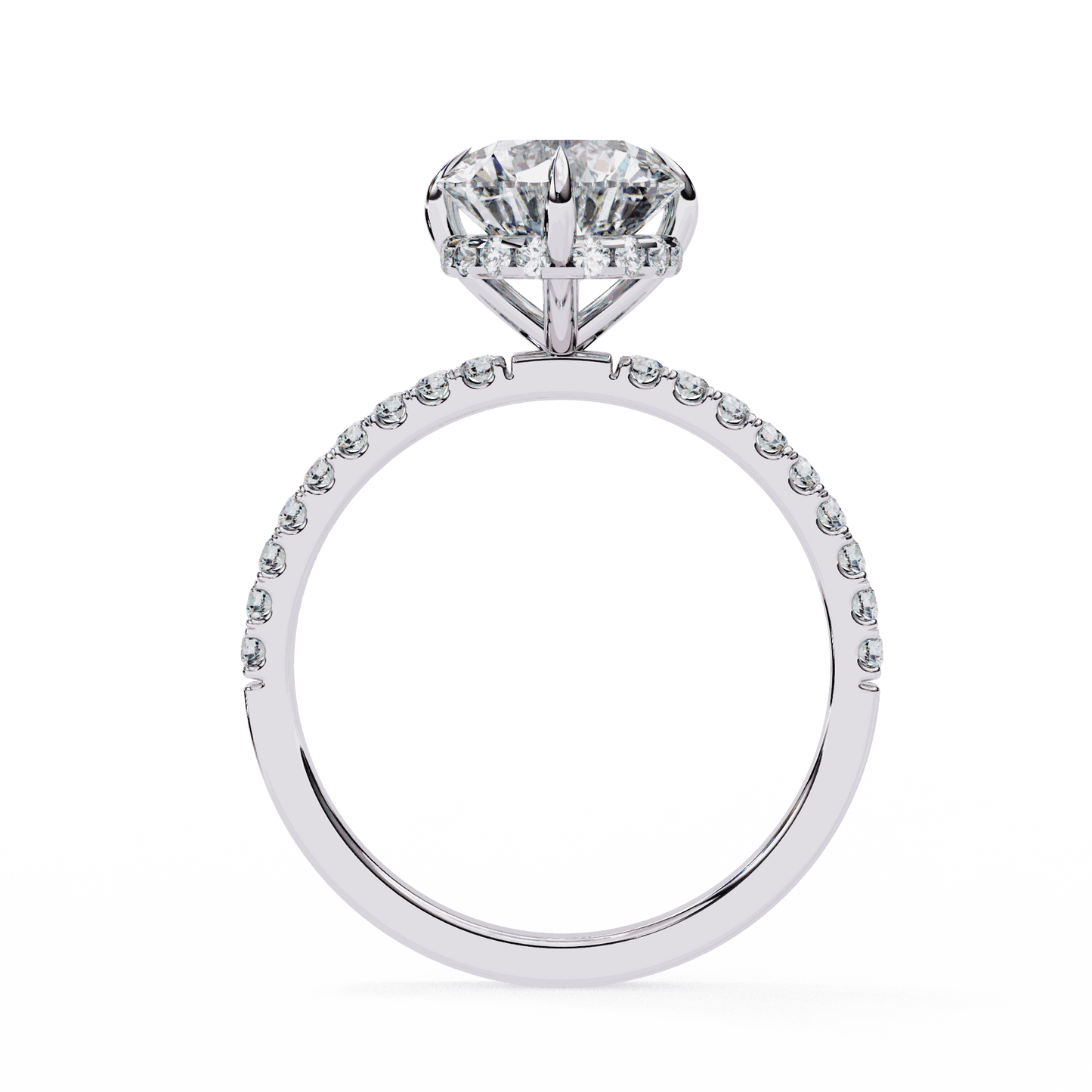 Round Cut Lab Grown Diamond Pave Engagement Ring with Hidden Halo and Claw Prong Setting