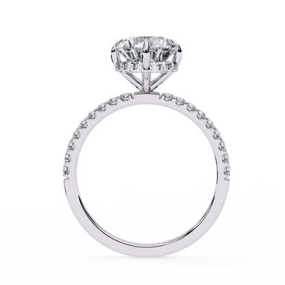 Round Cut Lab Grown Diamond Pave Engagement Ring with Hidden Halo and Claw Prong Setting