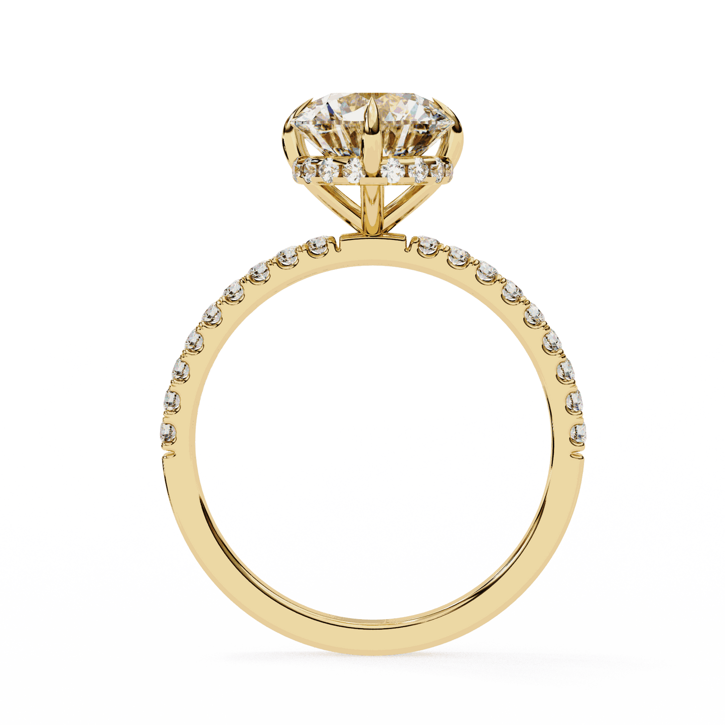 Round Cut Lab Grown Diamond Pave Engagement Ring with Hidden Halo and Claw Prong Setting